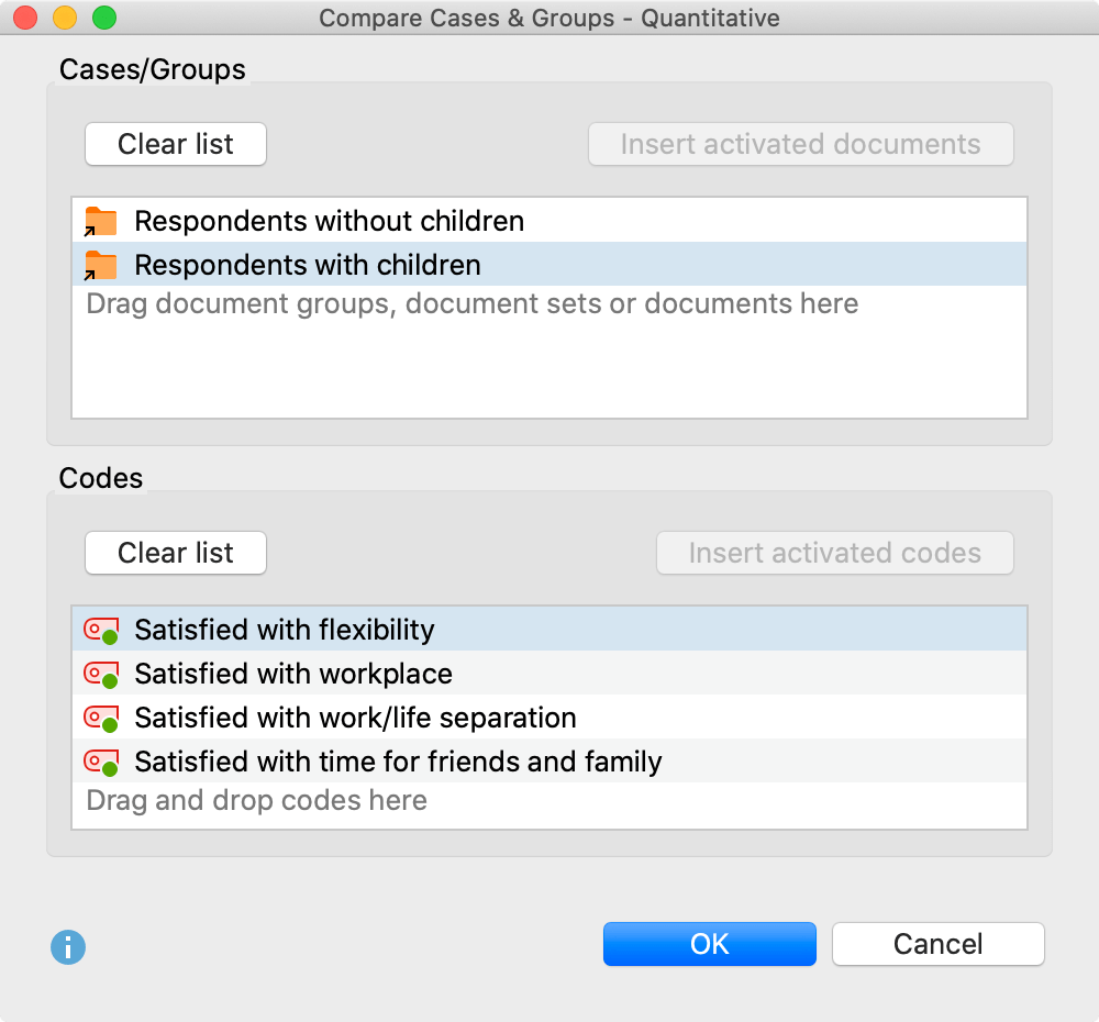 Options dialog window for comparing code frequencies