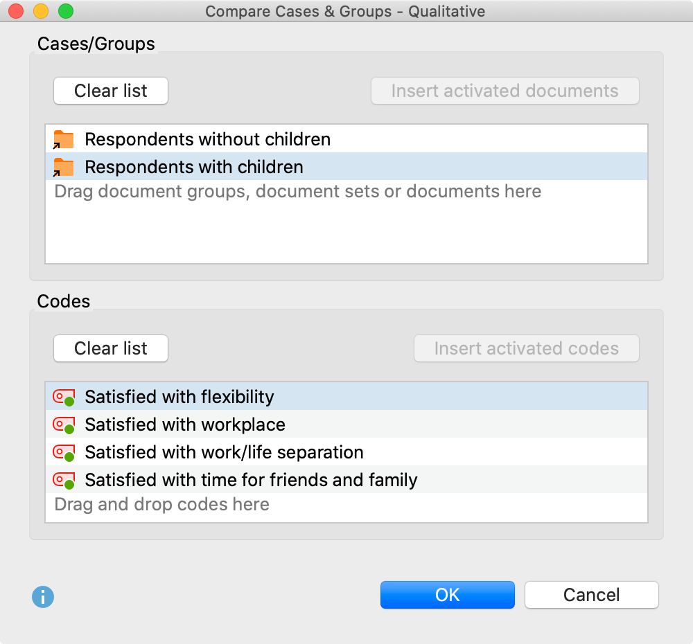 Options dialog window for comparing coded contents Options dialog window for comparing coded contents