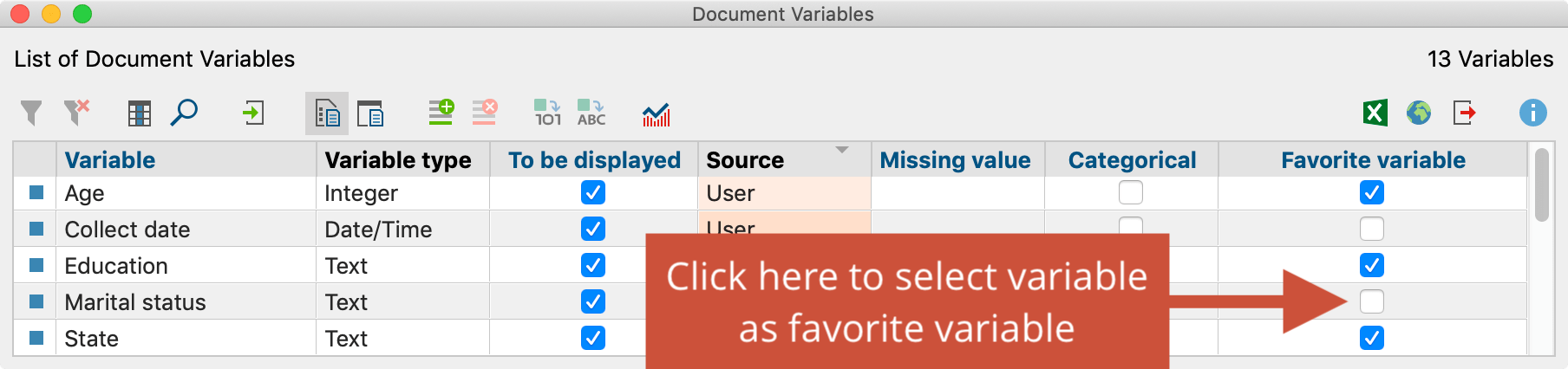 Select document variable as favorite variable Select document variable as favorite variable