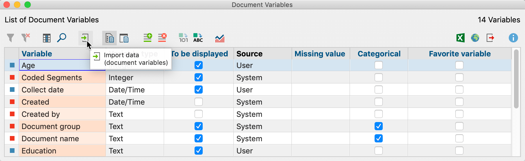Icon for importing document variables Icon for importing document variables