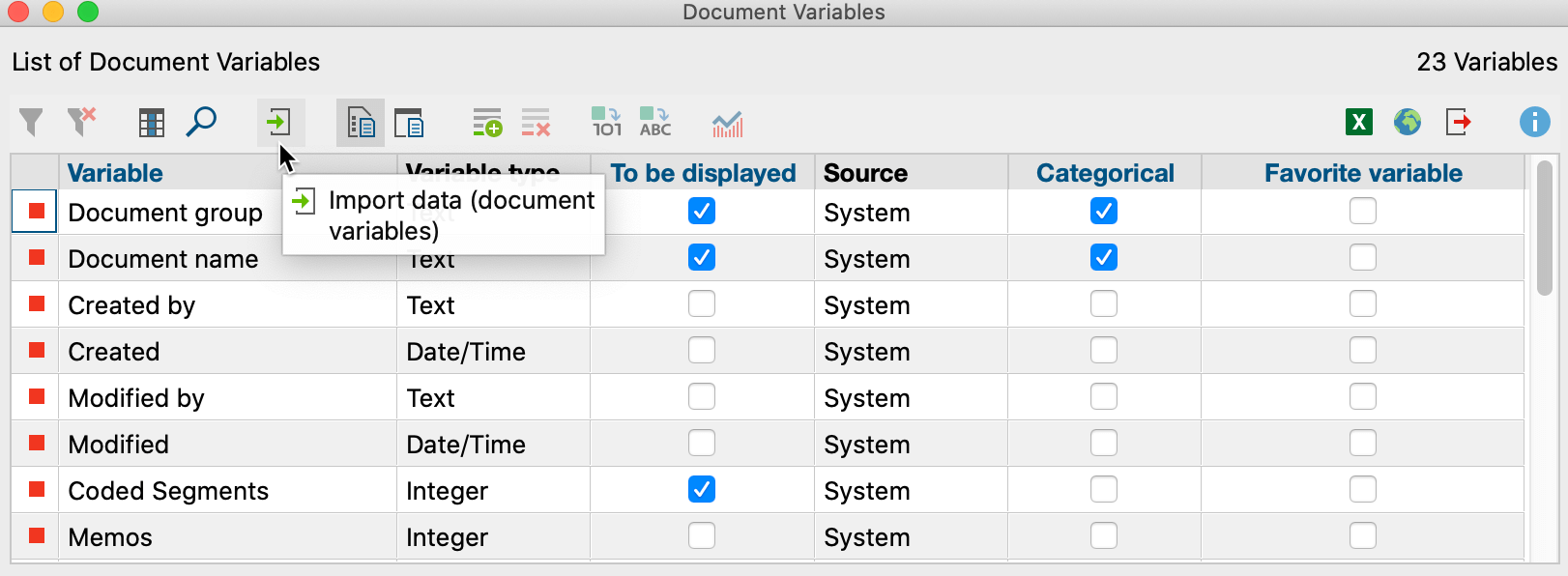 Icon for importing document variables