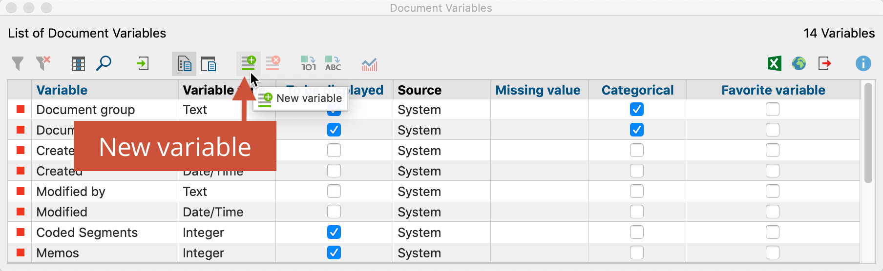 Creating a new variable with the icon in the toolbar Creating a new variable with the icon in the toolbar