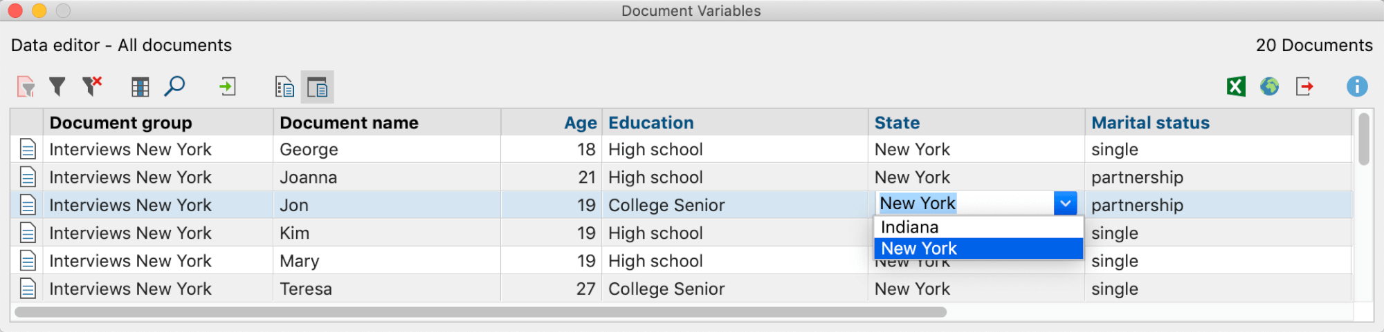 Options for the variable value in the Quick List Options for the variable value in the quick list
