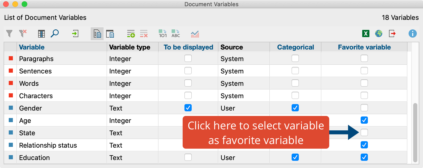 Select document variable as favorite variable