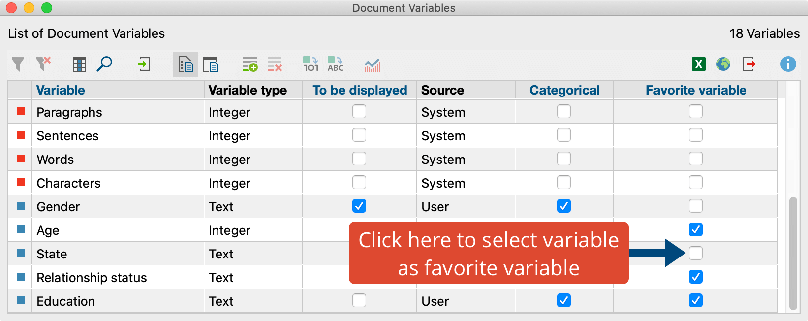 Select document variable as favorite variable Select document variable as favorite variable