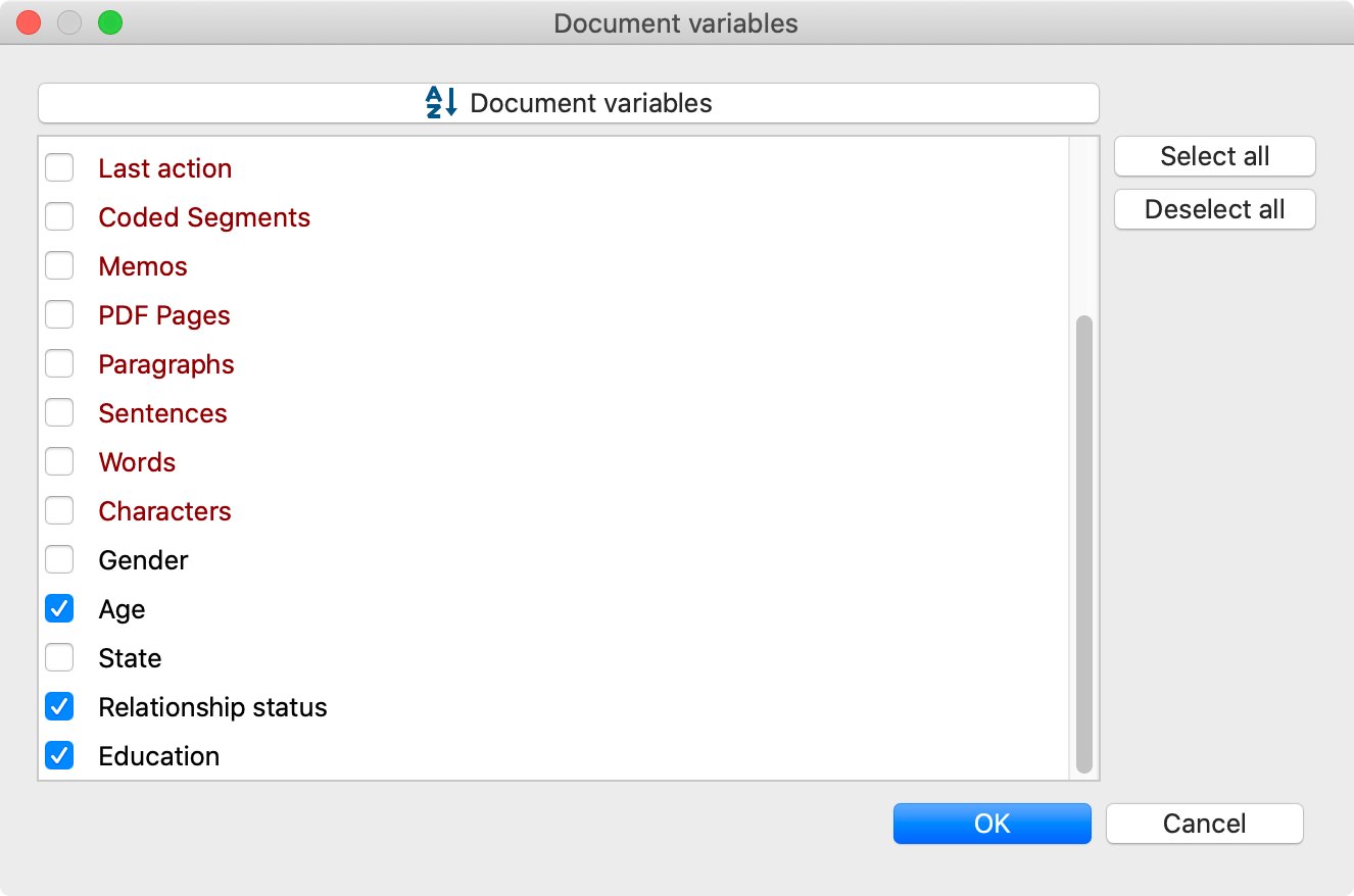 Window for choosing document variables as favorite variables Window for choosing document variables as favorite variables