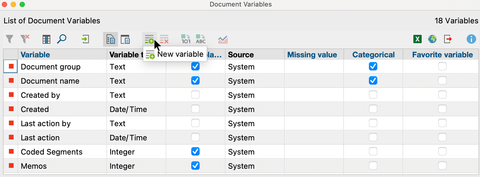 Creating a new variable with the icon in the toolbar
