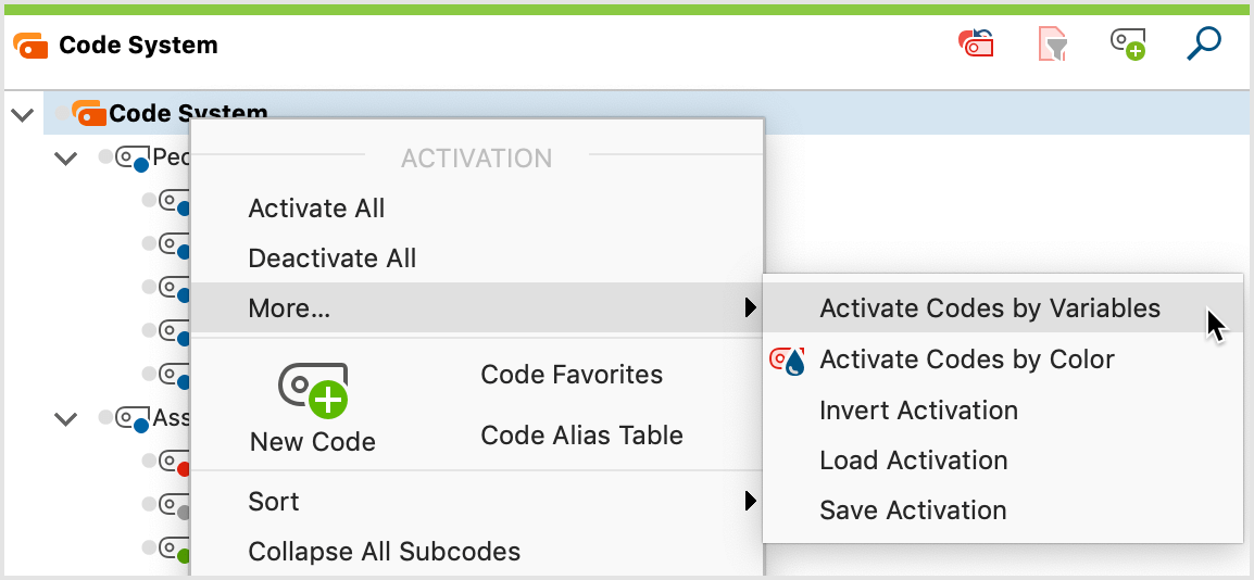 Activate by Code Variables function in the “Code System” context menu Activate by Code Variables function in the “Code System” context menu