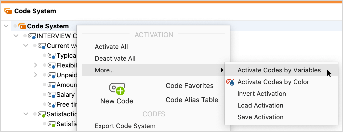 Activate by Code Variables function in the “Code System” context menu