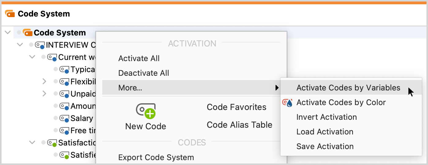 Activate by Code Variables function in the “Code System” context menu Activate by Code Variables function in the “Code System” context menu
