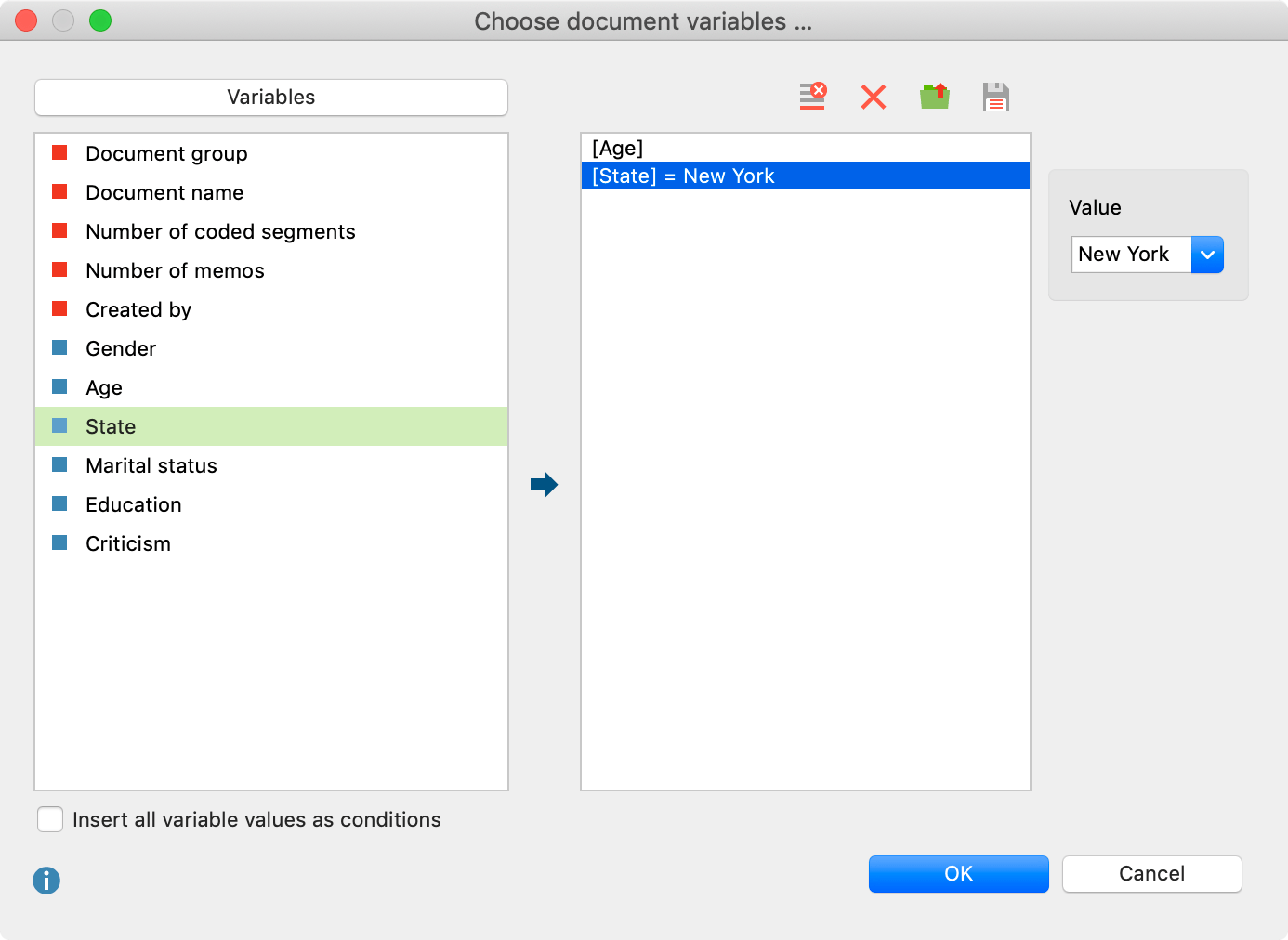 Choose document variables for the Joint Display “Statistics by qualitative groups“ Choose document variables for the Joint Display “Statistics by qualitative groups“
