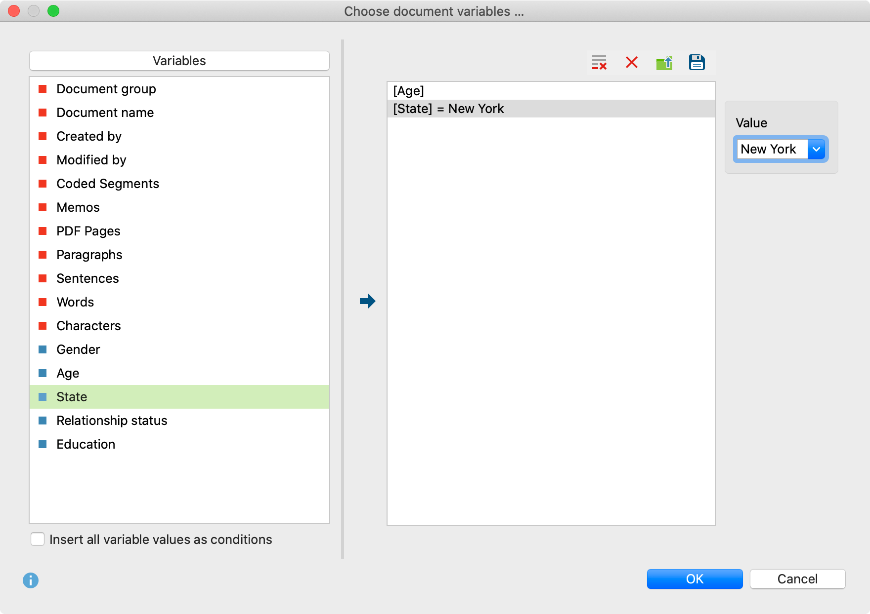 Choose document variables for the Joint Display “Statistics by qualitative groups“ Choose document variables for the Joint Display “Statistics by qualitative groups“