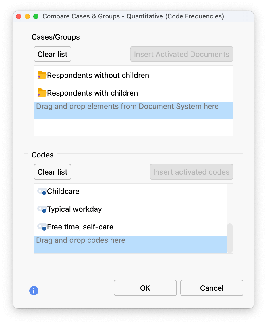 Case comparison parameter selection dialog Case comparison parameter selection dialog