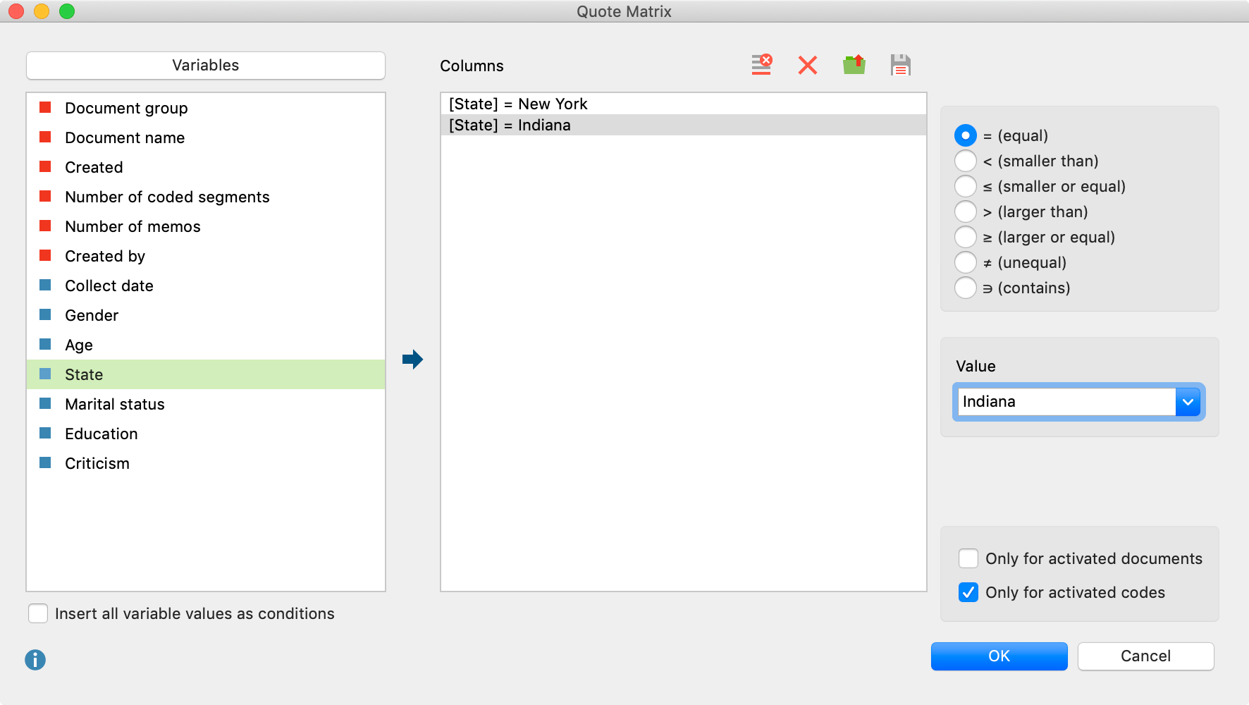 Defining columns for the Quote Matrix Defining columns for the Quote Matrix