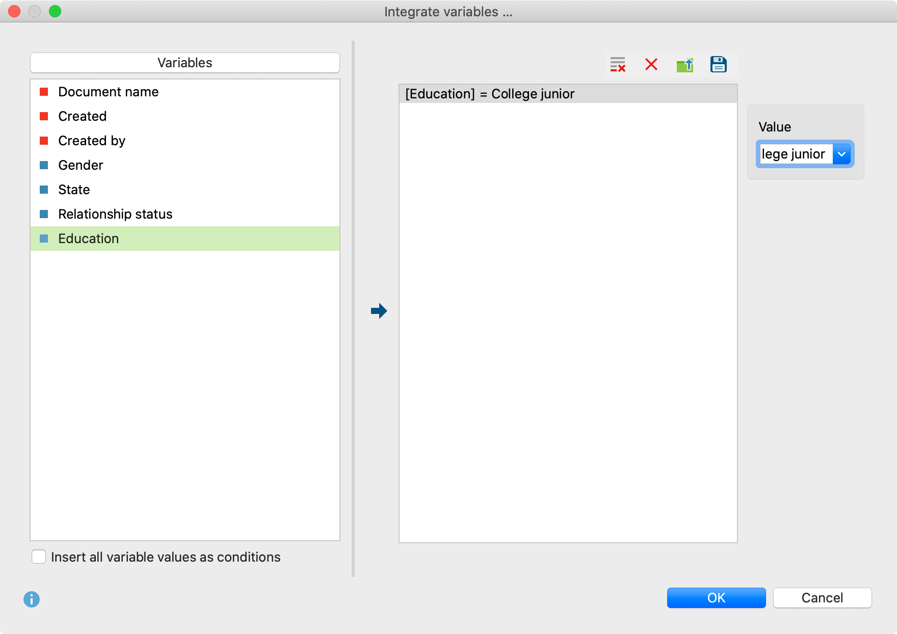 Selecting variable values in the “Existence of code” analysis Selecting variable values in the “Existence of Code” analysis