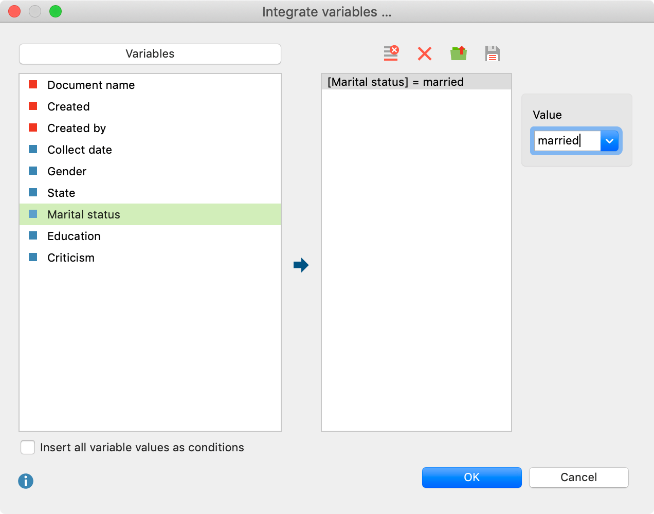 Selecting variable values in the “Existence of Code” analysis Selecting variable values in the “Existence of Code” analysis