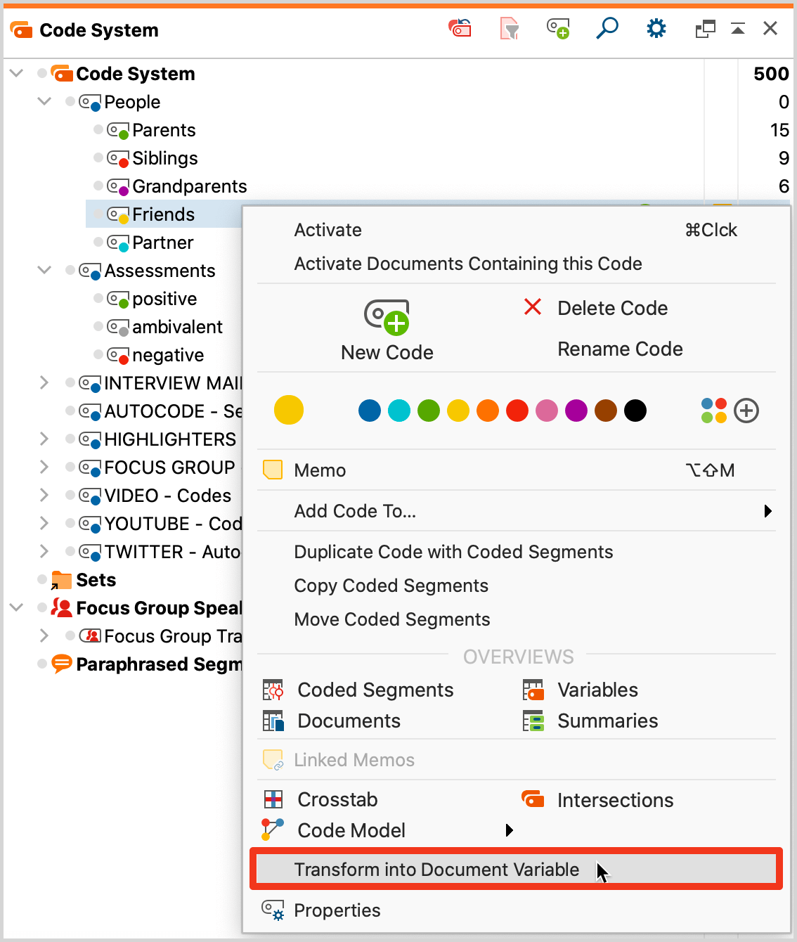 Transform a code into a document variable
