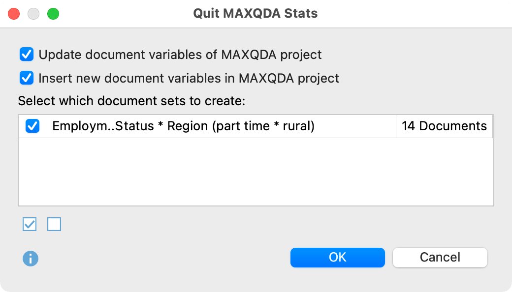 Select document sets when quitting MAXQDA Stats