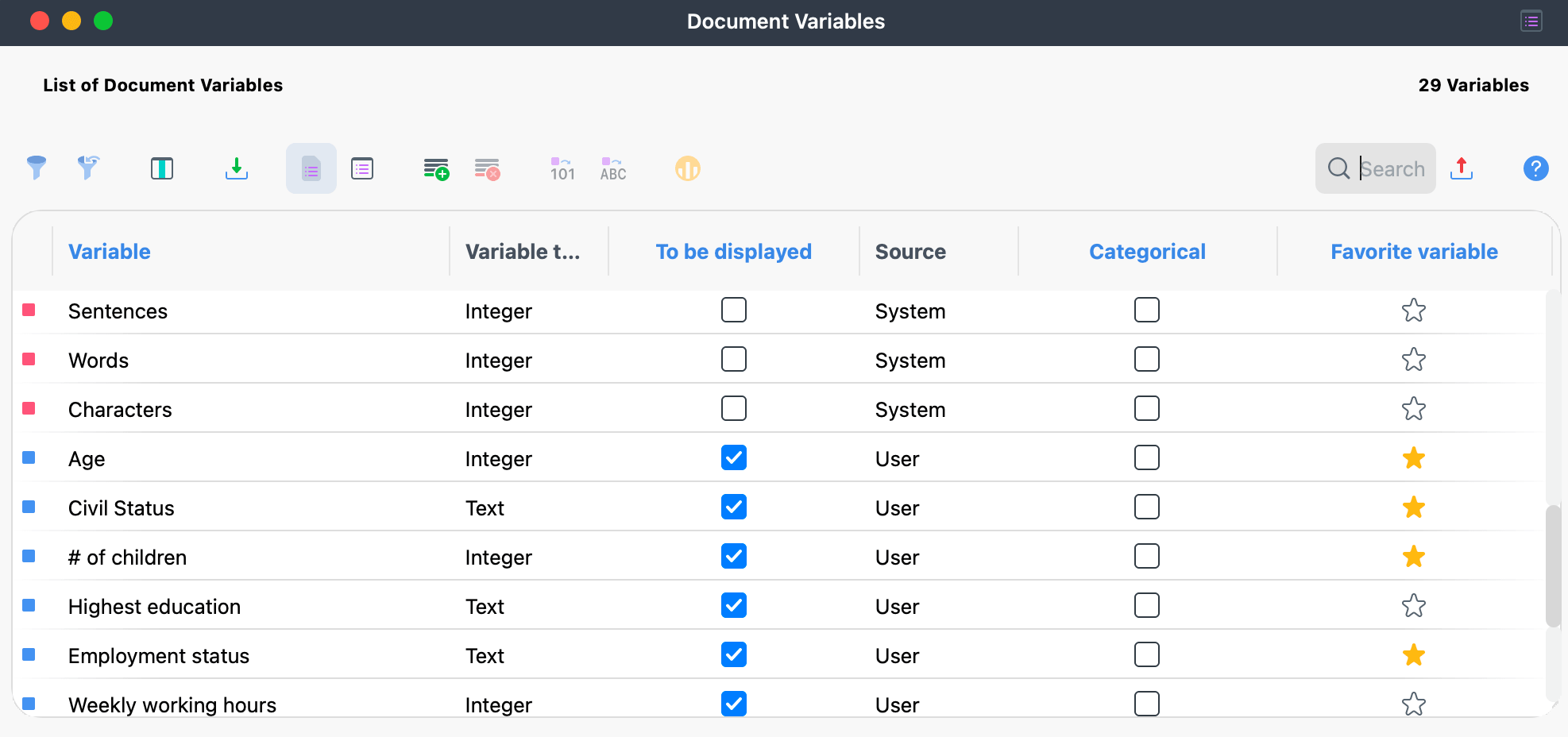 Creating a new variable with the icon in the toolbar