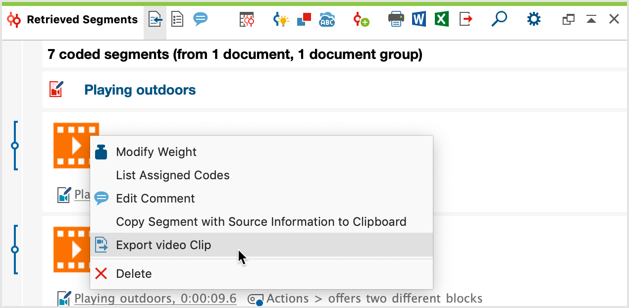 Exporting a video clip from the “Retrieved Segments“ window Exporting a video clip from the “Retrieved Segments“ window