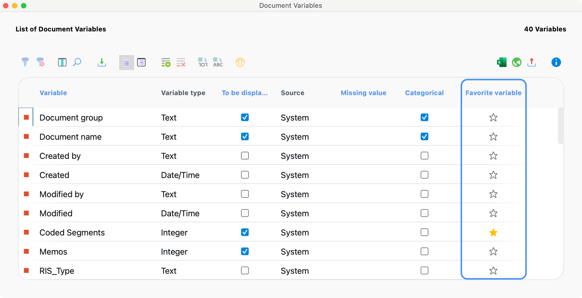 Select document variable as favorite variable Select document variable as favorite variable