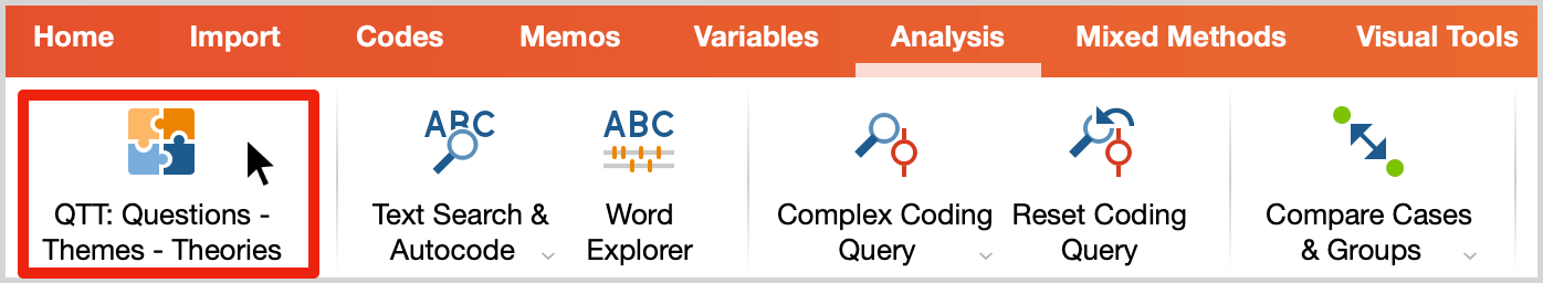 Open Questions – Themes – Theories in the Analysis tab Open Questions – Themes – Theories in the Analysis tab