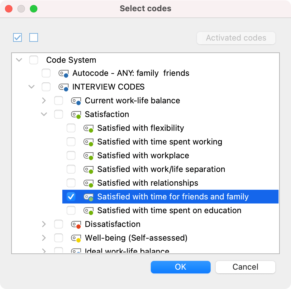 Select codes to be inserted into QTT