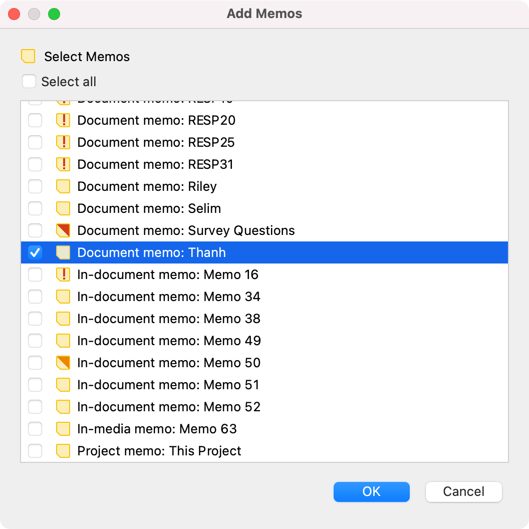 Select memos to be inserted into QTT