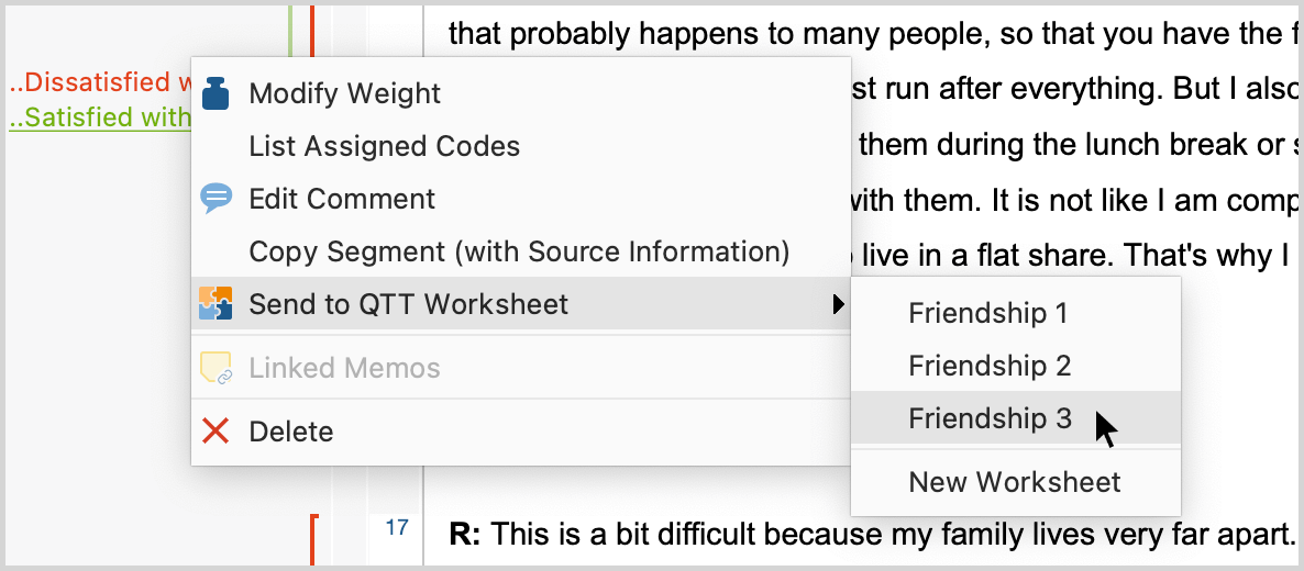 Send coded segment from “Document Browser” to QTT