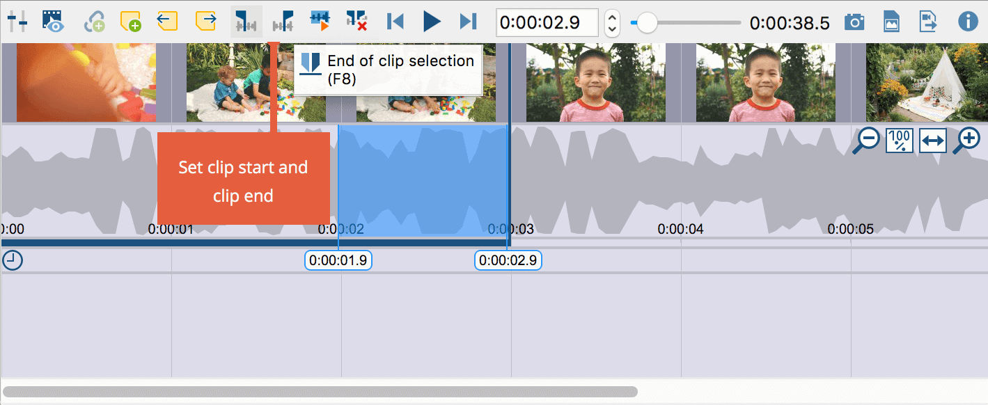 Setting the clip limits at the current playback position Setting the clip limits at the current playback position