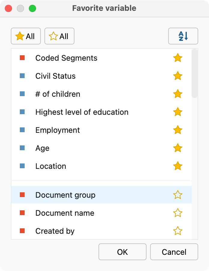 Window for choosing document variables as favorite variables Window for choosing document variables as favorite variables