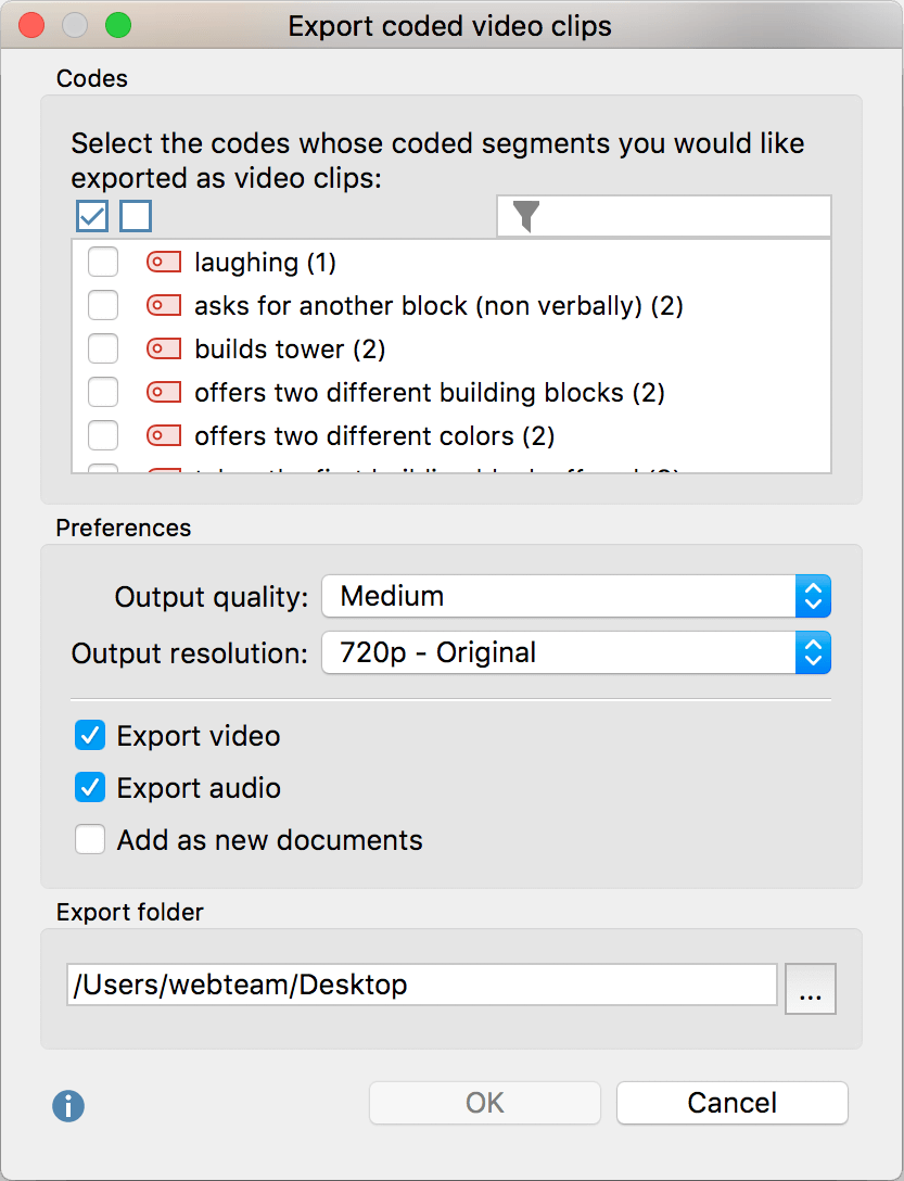 Dialog window for exporting coded video clips Dialog window for exporting coded video clips