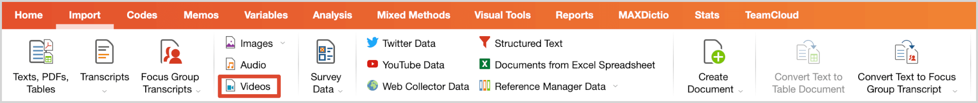 Importing video files via the “Import” menu tab Importing video files via the “Import” menu tab
