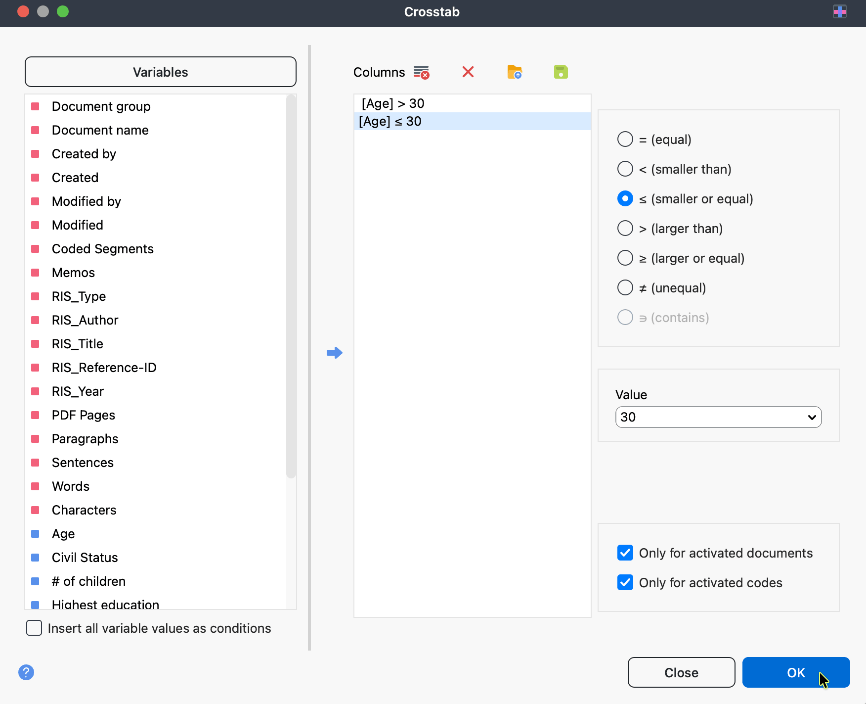 The Crosstab dialog window