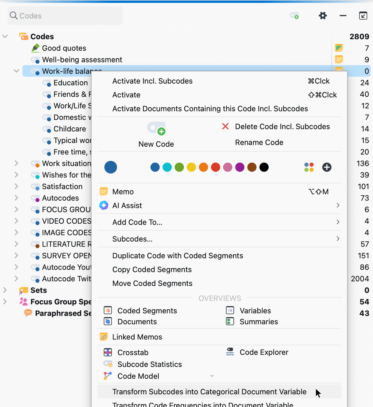 Transform a code into a categorical document variable via a code's context menu Transform a code into a categorical document variable via a code's context menu