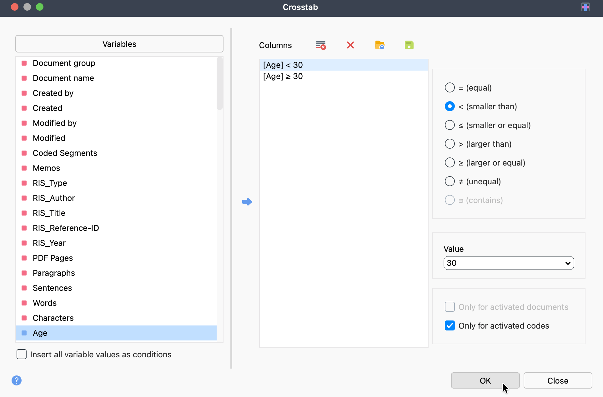 The Crosstab dialog window The Crosstab dialog window