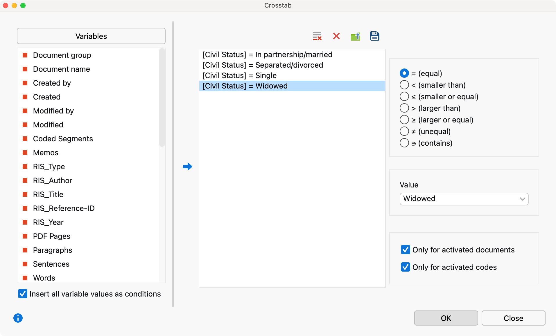 The Crosstab dialog window The Crosstab dialog window