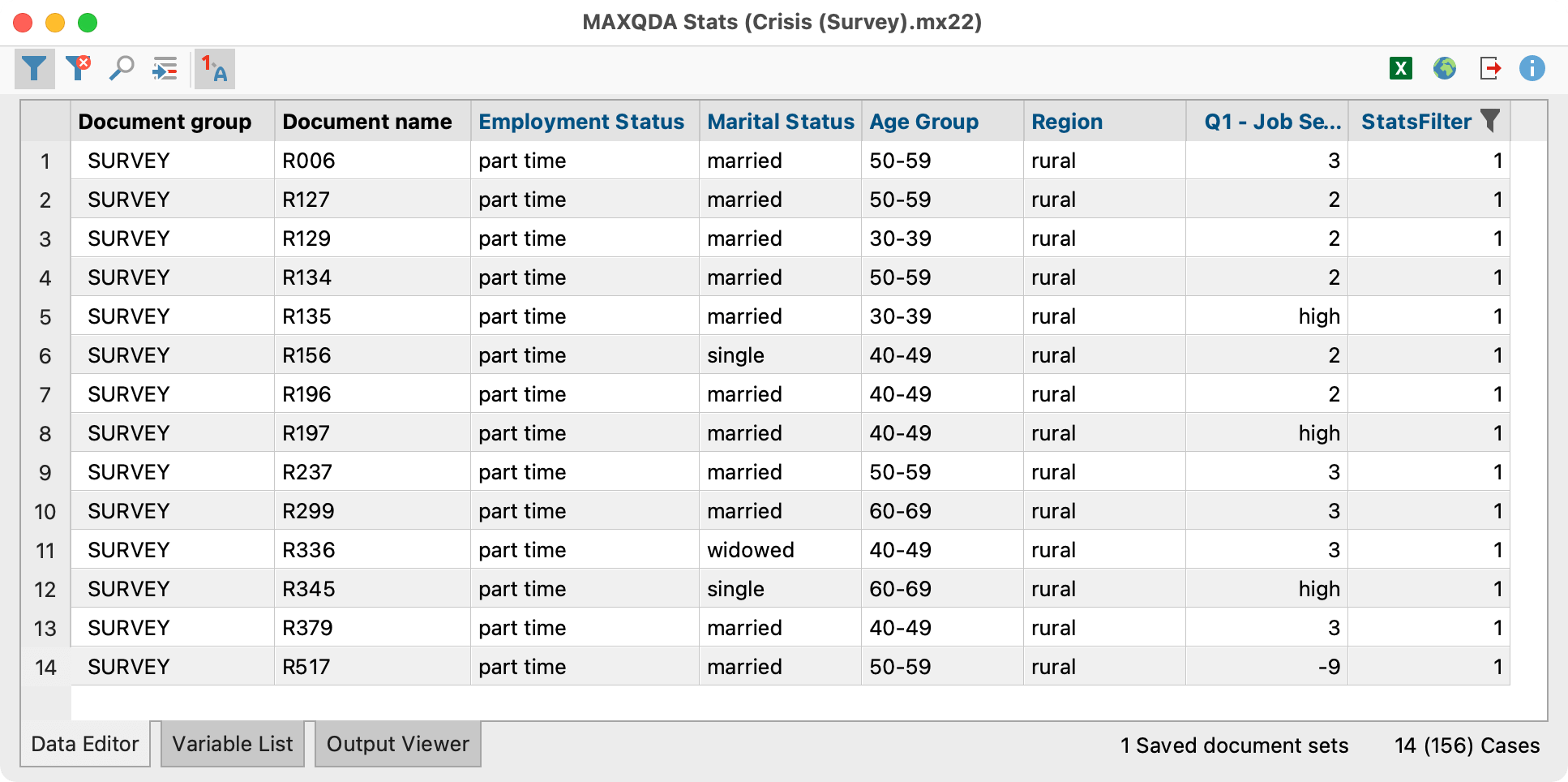Filtered cases in the Data Editor Filtered cases in the Data Editor