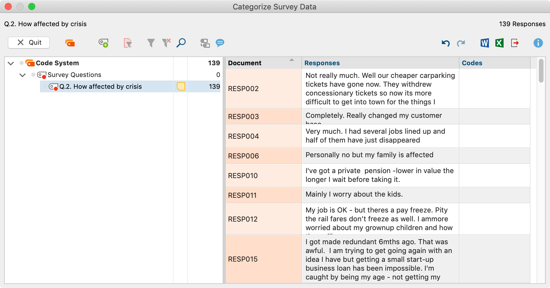 Interactive table window for categorizing survey responses Interactive table window for categorizing survey responses