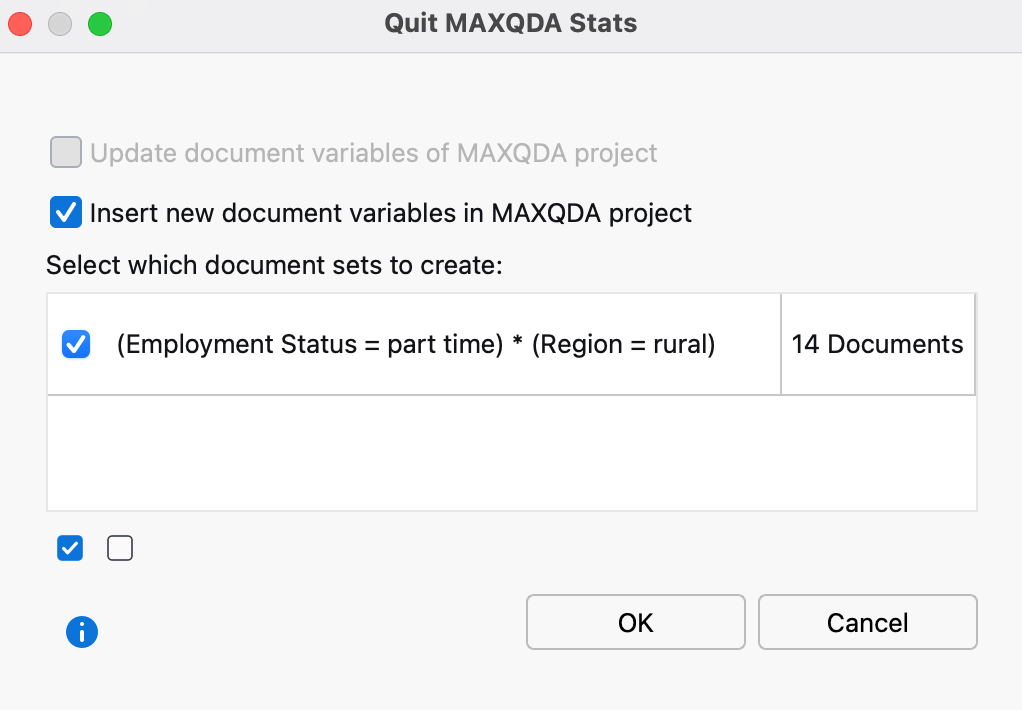 Save document sets when quitting MAXQDA Stats Save document sets when quitting MAXQDA Stats