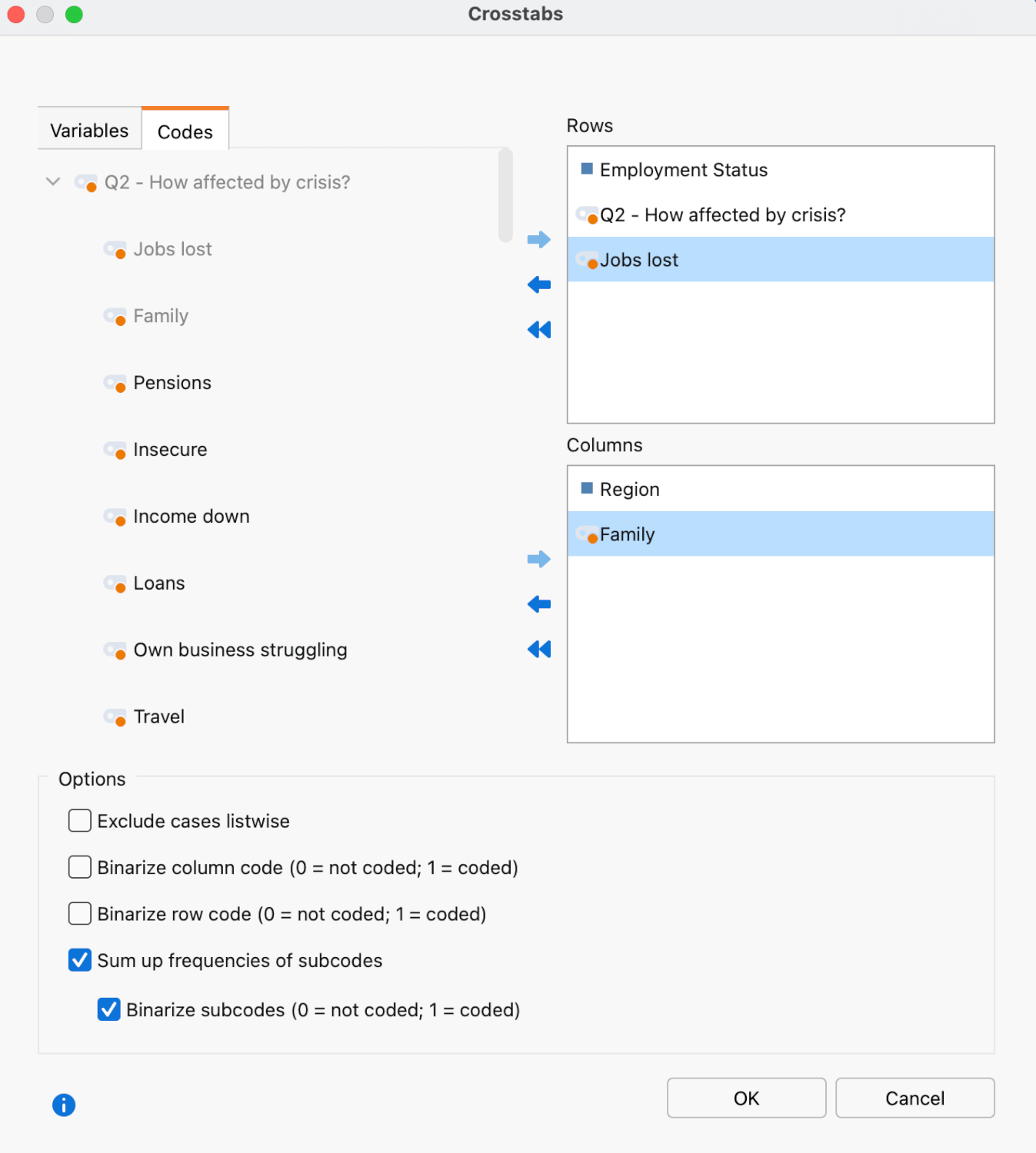 Variable selection for cross tabulation Variable selection for cross tabulation