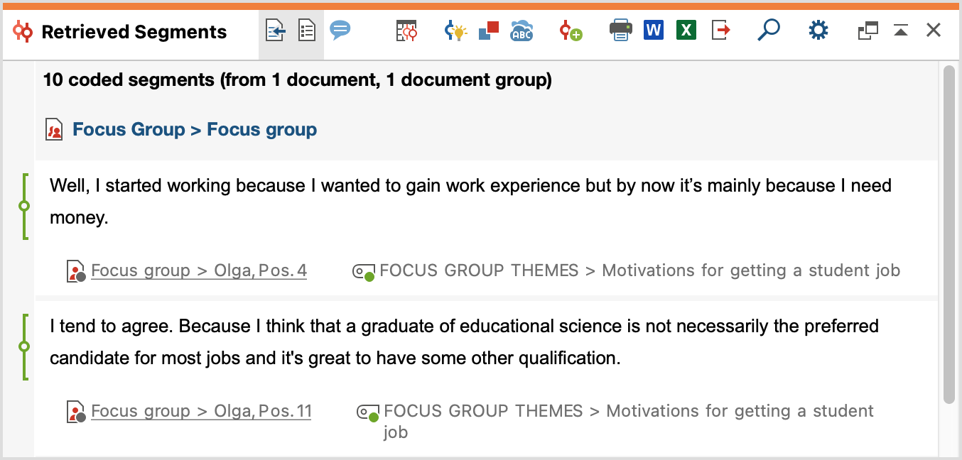 Statements of a participant on a topic in the “Retrieved Segments” window