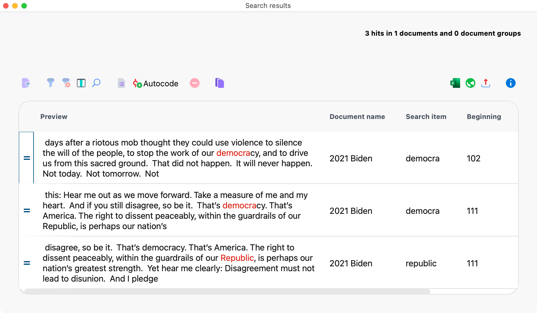 Listing of search hits for a dictionary category Listing of search hits for a dictionary category