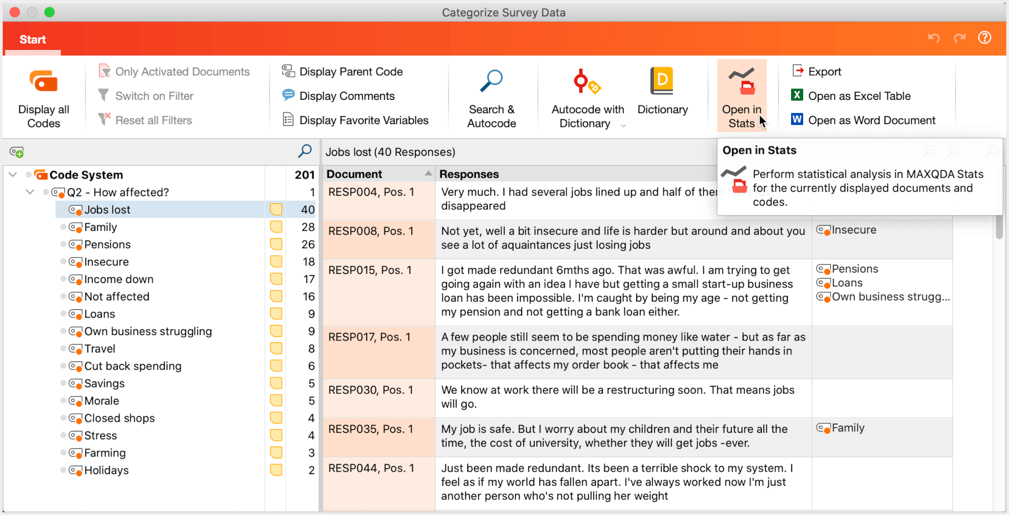 Working environment “Categorize Survey Responses” after coding Working environment “Categorize Survey Responses” after coding