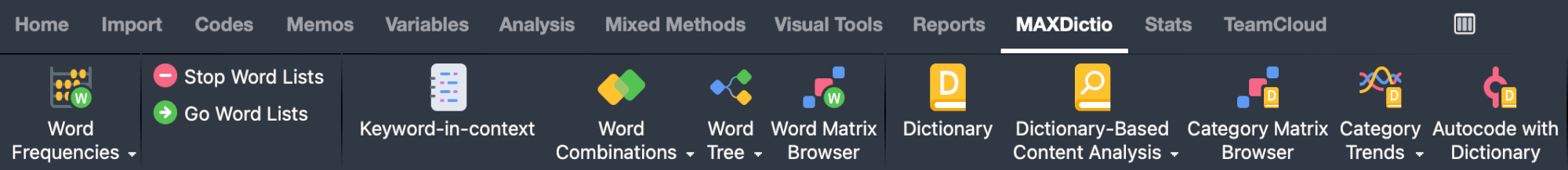 The 'MAXDictio' menu Screenshot of MAXQDA's 'MAXDictio' menu