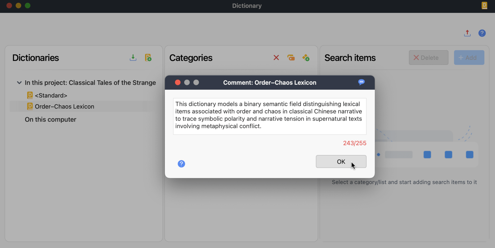 Add comments to your dictionaries Screenshot of the Dictionary comment window with comment example