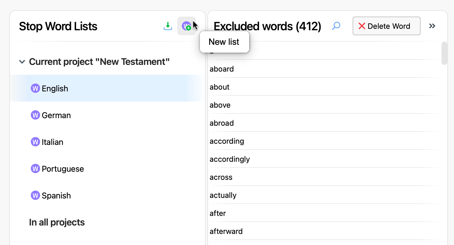 Add a new stop word list to a project Screenshot of the Stop Word List window with mouse hovering over the 'New list' icon