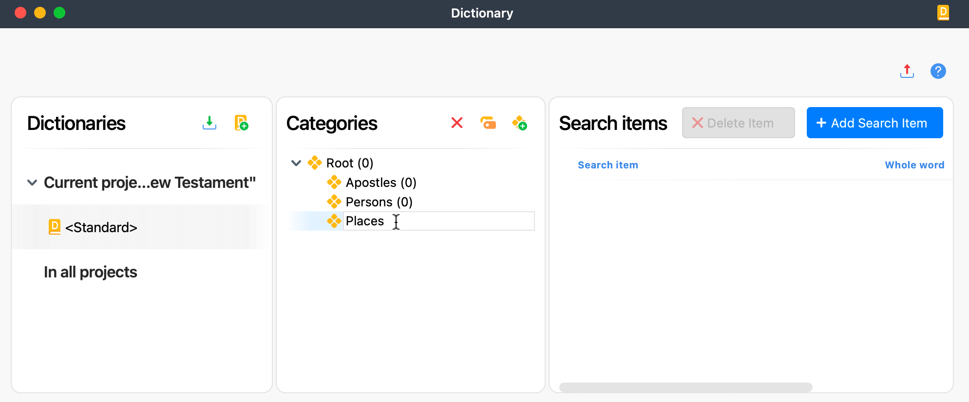 Creating a new category in the dictionary A new category named 'Places' is being added to the dictionary in MAXDictio's Categories pane