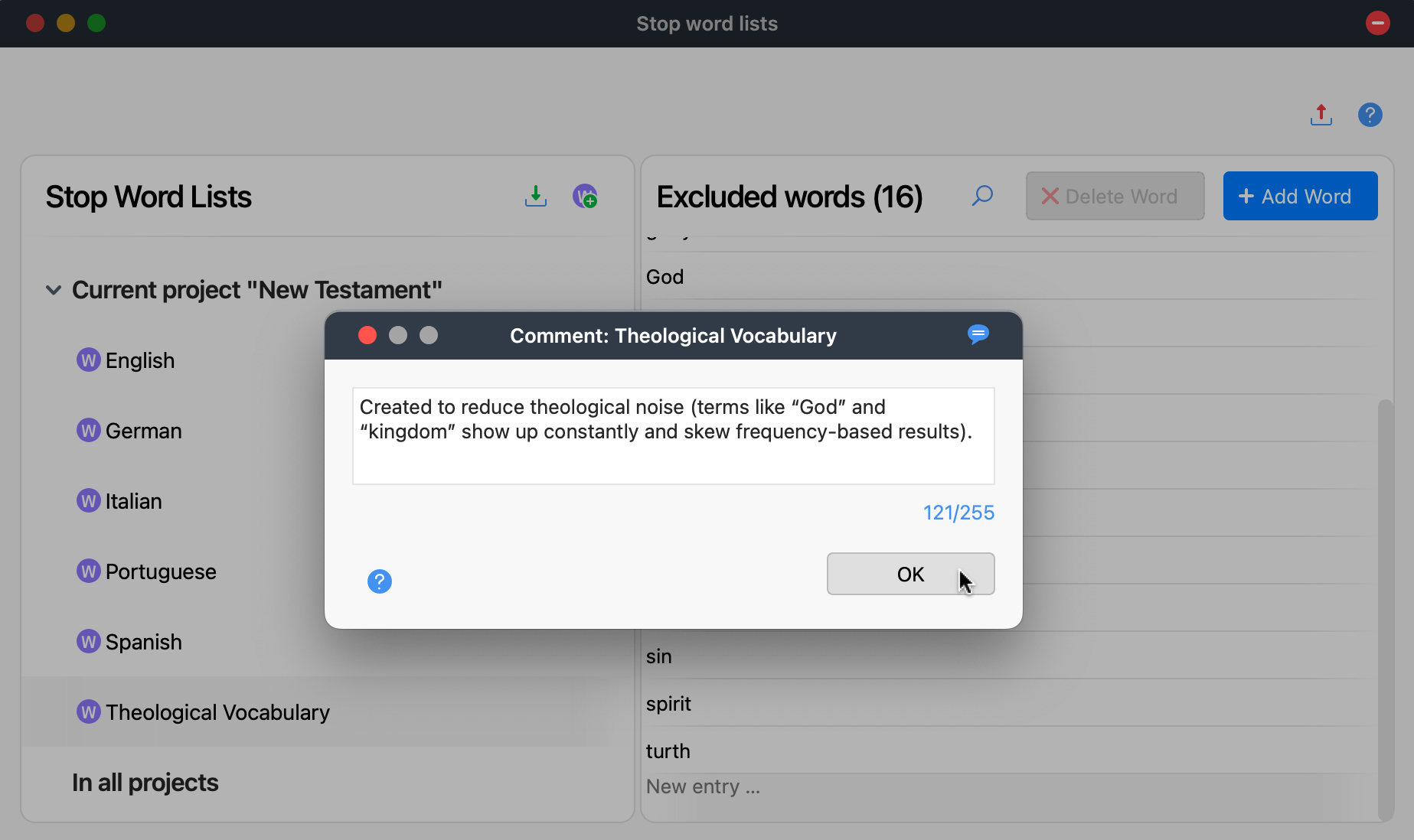 Add comments to your Stop Word Lists Screenshot of the Stop Word List comment window with example comment