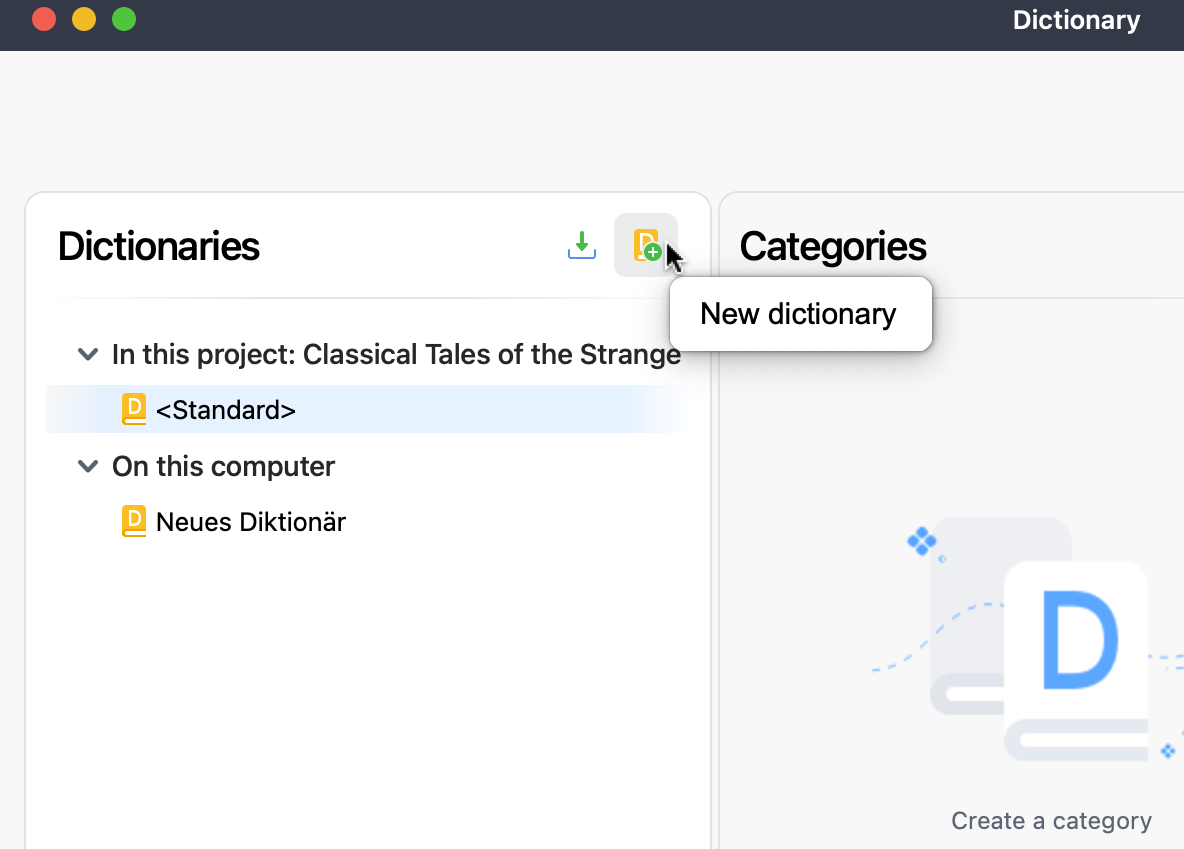 Adding a new dictionary to the project Icon for adding a new dictionary to the project